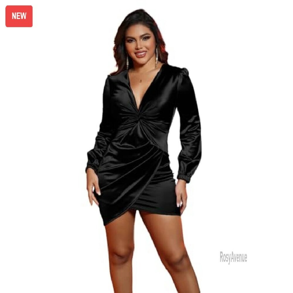 Satin Bodycon Dress with Ruched V-Neck and Irregular Hem - Picture 3 of 8